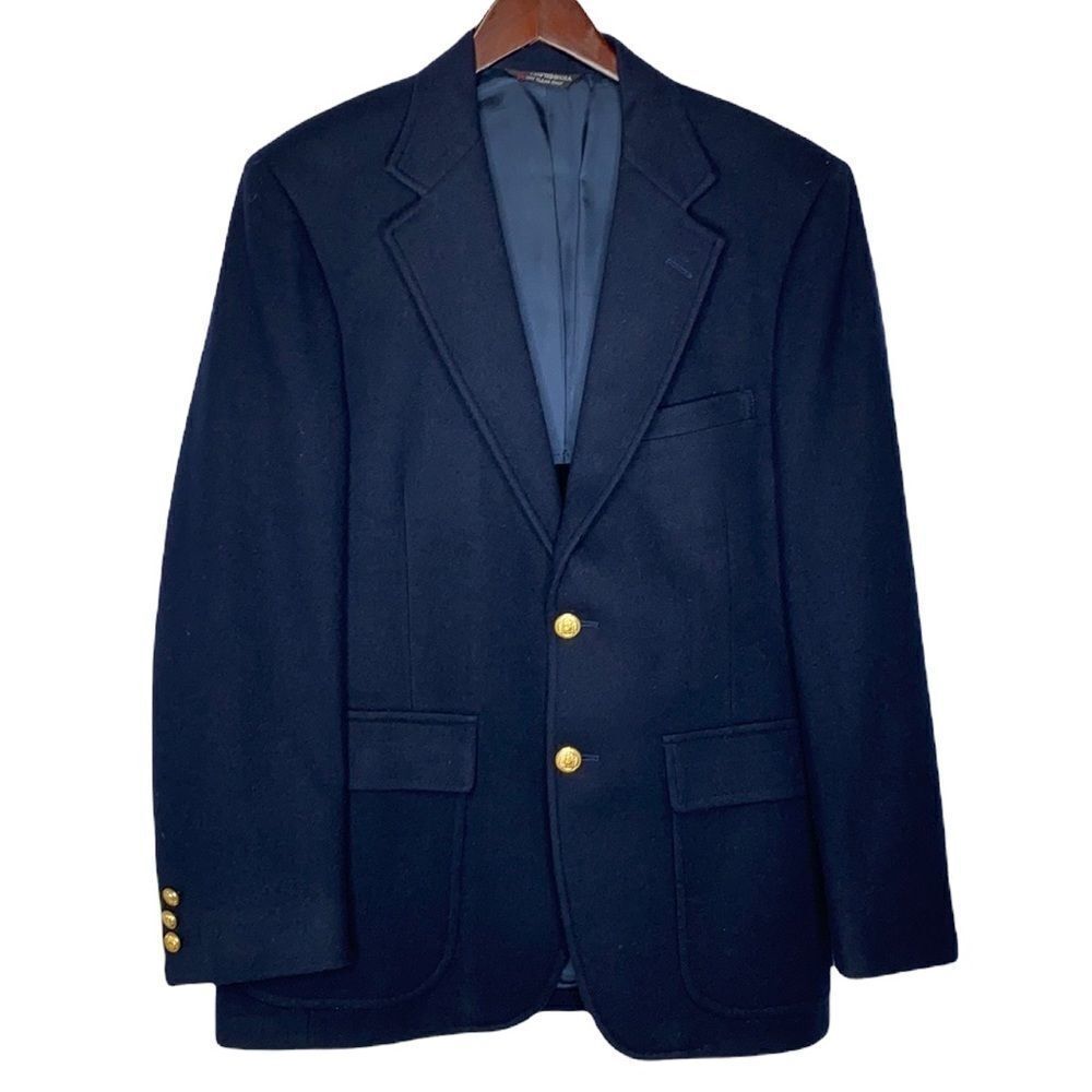 Vintage Hardwick Clothes USA Classic Wool Blazer Gold Tone Crest Button Navy 40R